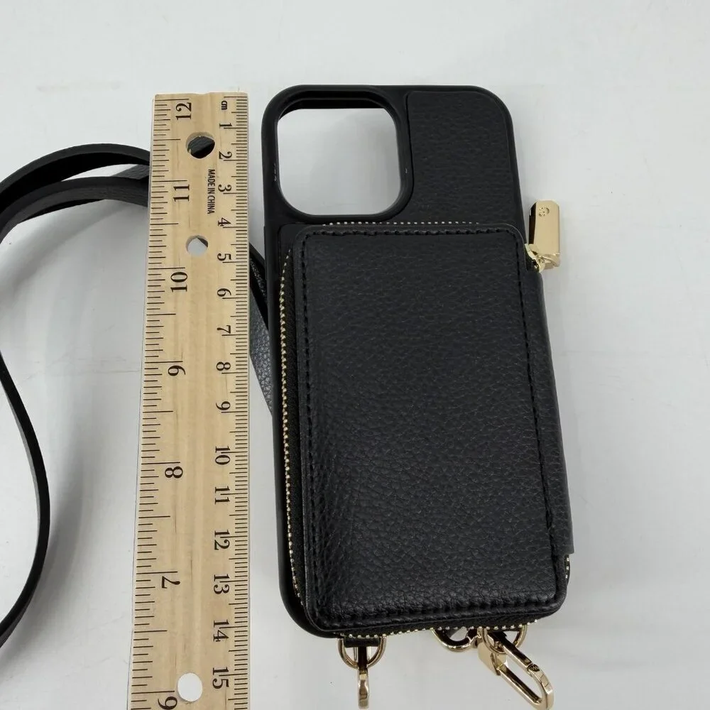 ZVE Leather Card Holder Crossbody Ipone 13 Pro Max RFID Blocking Cover Black